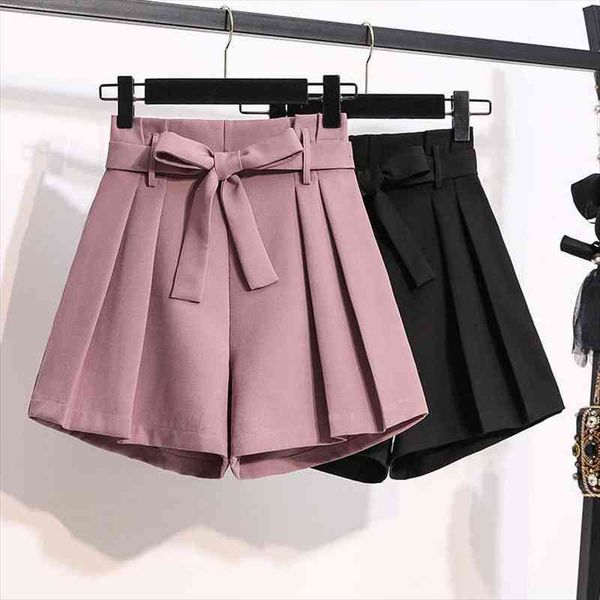 

4xl plus size fashion pleated elegant office high waist shorts women loose shorts lace up ladies wide leg c7172, White;black