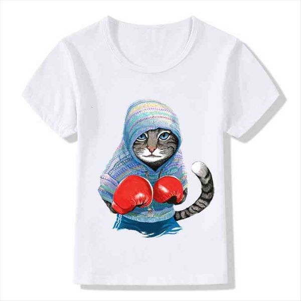 

children summer super cool boxing cat attack design funny t shirt kids baby cartoon clothes boys girls casual tees,ooo5043, Blue