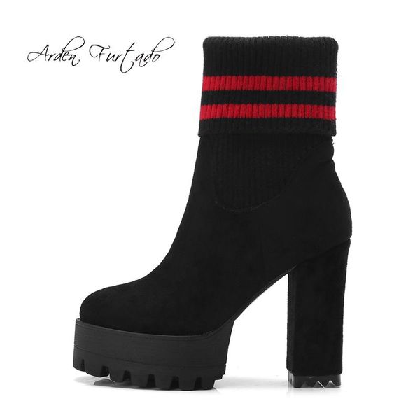 

boots arden furtado 2021 spring autumn slip on round toe fashion striped ankle shoes woman chunky heels platform socks 32, Black