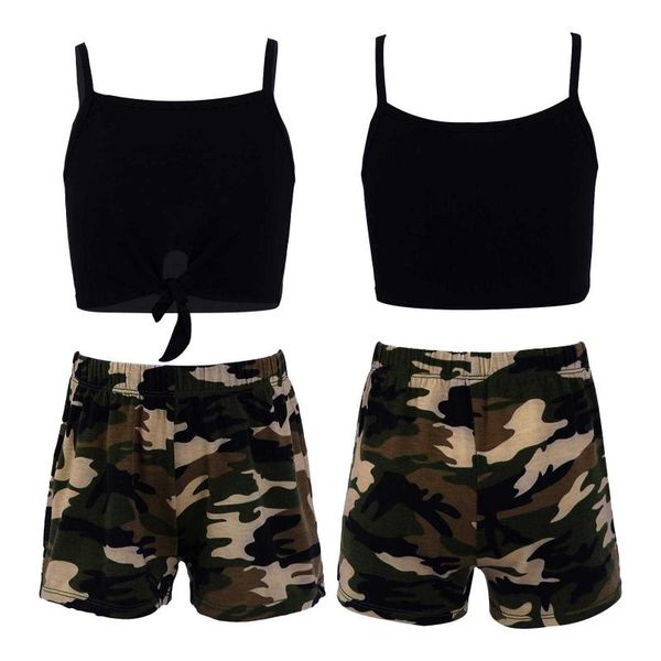 

stage wear kids girls gymnastics&dancewear outfit camouflage printed tcrop vest with shorts leggings for workout ballet dance yoga fitness, Black;red
