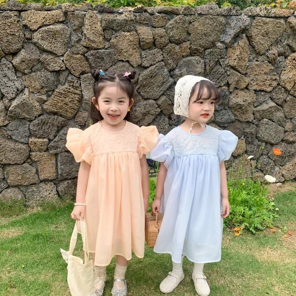 

summer kids clothing puff sleeve girls one piece embroidery dress korean children clothes girl's dresses, Red;yellow