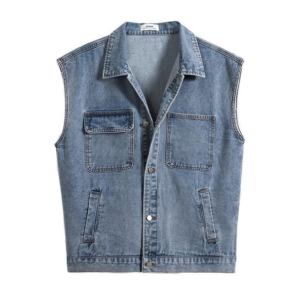

men's vests denim jacket sleeveless vest men jeans jackets trend casual fashion ripped many pockets plus size button cotton coats, Black;white