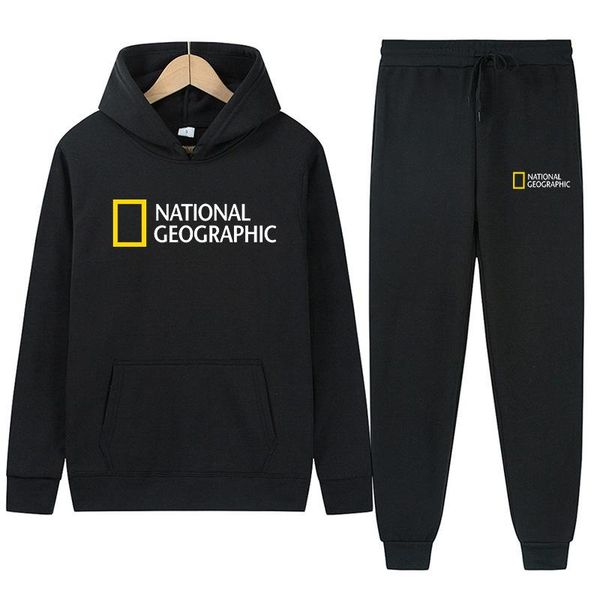 

men's hoodies & sweatshirts autumn and winter magazine color printing casual suit hoodie + pants two-piece sportswear, Black