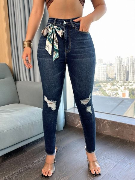 

sxy high waist ripped raw hem skinny jeans v6gm#, Blue