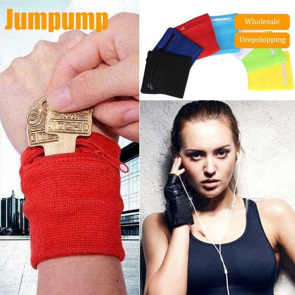 

solid wristband with zipper pocket sports yoga running armband breathable gym fitness wrist support cycling safe storage bags, Black;red