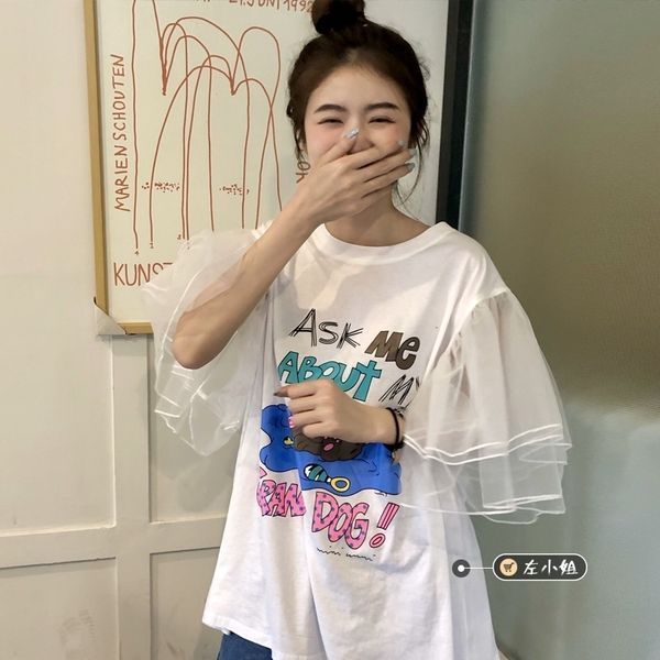 

nomikuma korean chic cartoon printed t shirt women o neck short sleeve gauze patchwork casual sweet tshirts camisetas mujer 210514, White