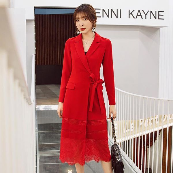 

casual dresses yigelila fashion red dress turn down collar full sleeves elegant mid-calf with belt office lady 65390, Black;gray
