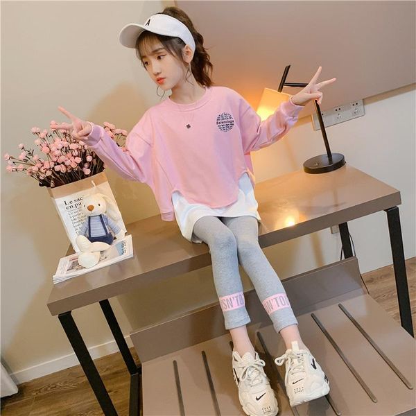 

clothing sets children's girls outfits spring long sleeve o-neck collar patchwork hoodie and leggings two piece suit casual pullover gi, White