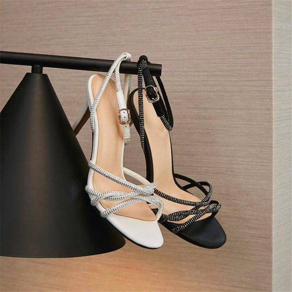 

dress shoes rhinestone thin belt combination ladies leather high heels black white round toe summer party sandals