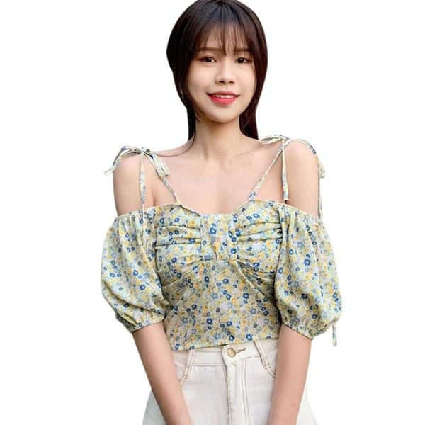 

women's blouses & shirts floral print off shoulder exposed navel sweet short sleeve chiffon shirt, White