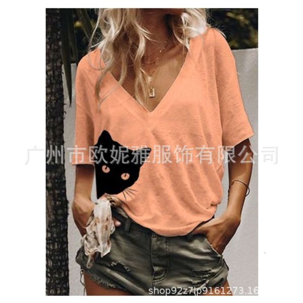 

women's t-shirt summer cathead print v-neck short sleeve hntg, White