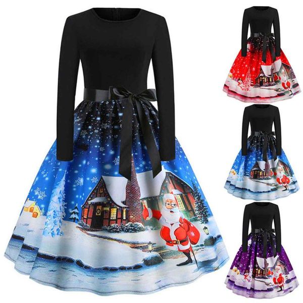 

casual dresses merry christmas dress women elegant long sleeve o-neck atumn 2021 xmas printing vintage gown party, Black;gray