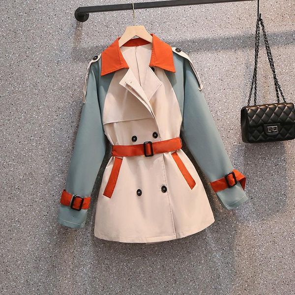 

women oversized short windbreaker coat female elegant patchwork overcaot spring autumn slim fit jacket with belt women's trench coats, Tan;black