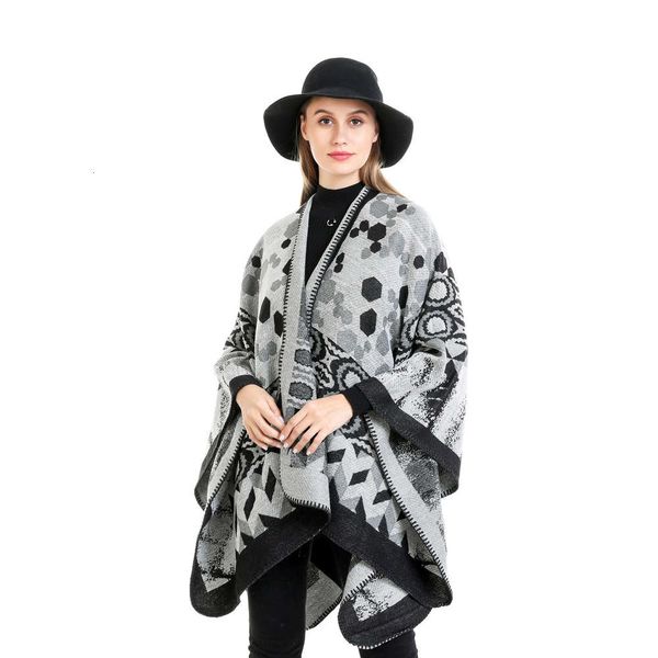 

wrap year's geometric design cashmere like thermal cape, Blue;gray