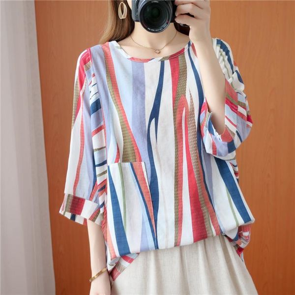 

women's t-shirt 6xl women summer striped cotton linen casual bat sleeve large size female loose plus, White