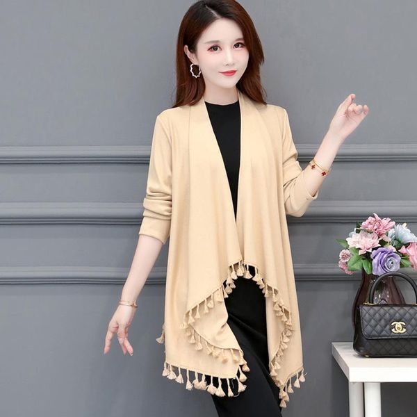 

women's knits & tees knitted clothes autumn tassel trim cardigan sweater loose long sleeve coat cloak outwear windbreaker warm, White
