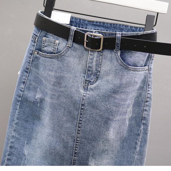 

skirts european denim skirt female summer 2021 stretch frayed bag hip middle tide was thin one-step half-length, Black