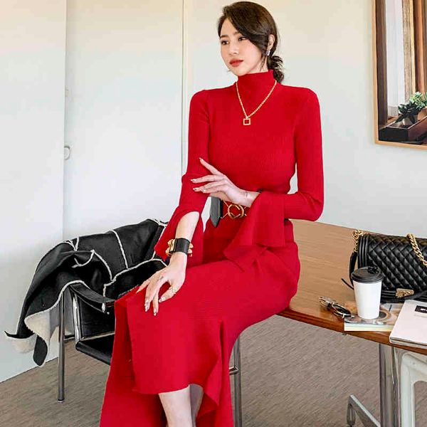 

dresses autumn winter sweater women high collar long sleeve elegant with belt slim frenulum knit, Black;gray