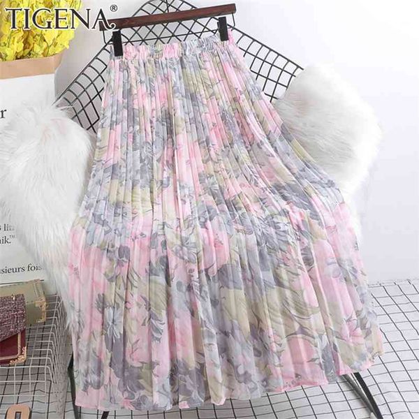 

tigena summer chiffon maxi skirt women beautiful floral print aesthetic a line high waist pleated long skirt female lady 210724, Black