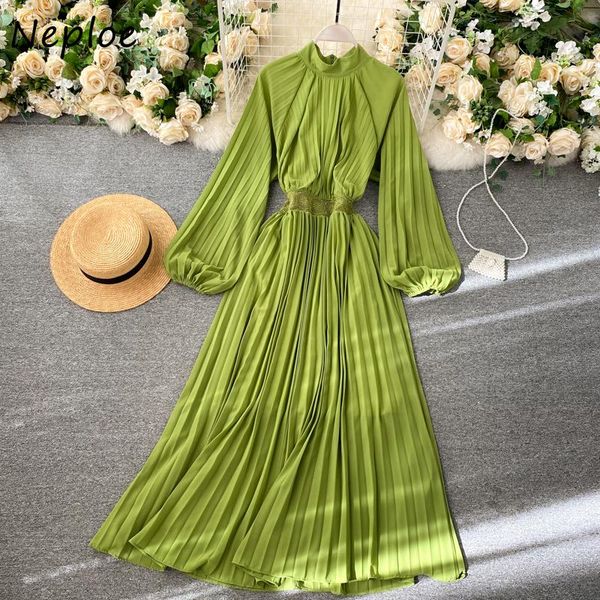 

casual dresses neploe fench style o-neck pleated chic lace patchwork slim waist puff sleeve vestidos solid color elegant women dress, Black;gray