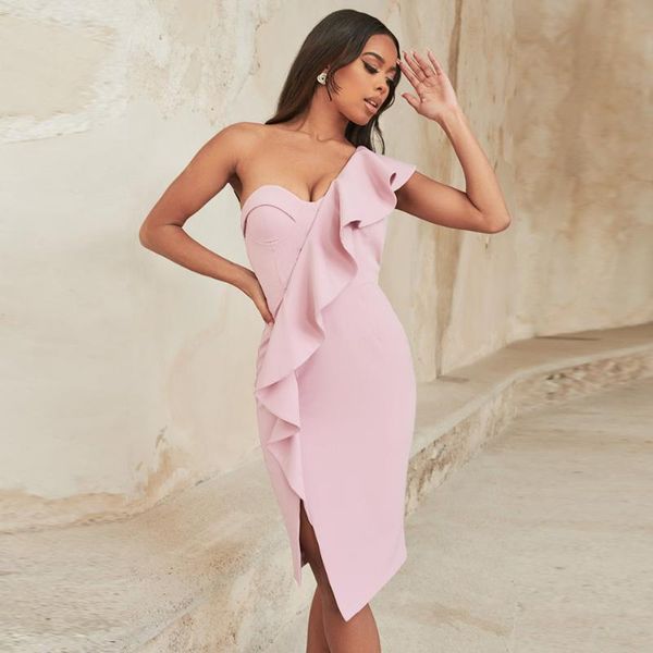 

casual dresses adyce women one shoulder bodycon bandage dress summer strapless pink ruffles evening club midi party outwear vestidos, Black;gray