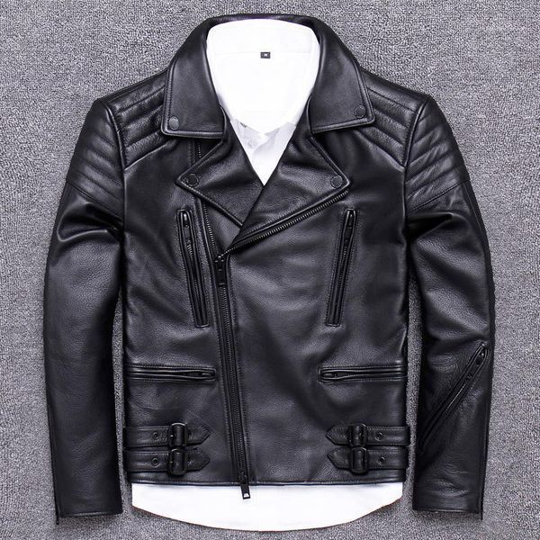 

men's leather & faux mens jacket autumn real genuine coat for men short motorcycle cow jackets veste cuir homme uy02 kj3208, Black
