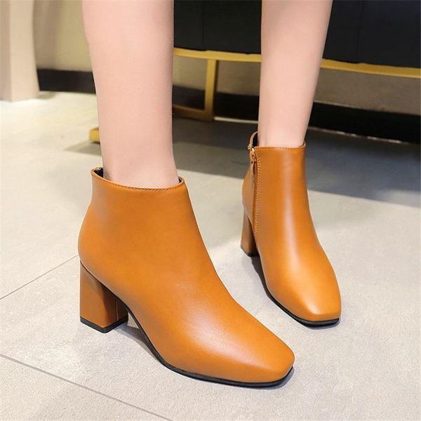 

boots 2021 concise women work autumn soft leather ankle square toe side zipper high heels 7cm shoes black brown