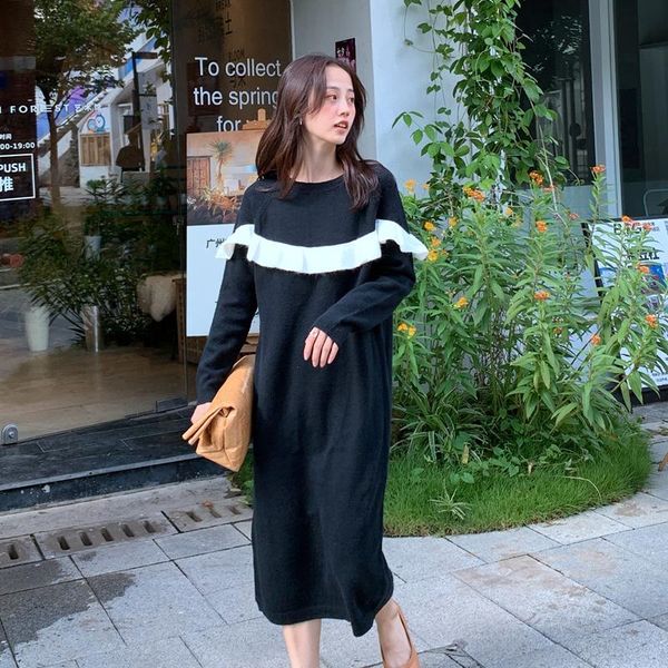 

long knit sweater dress fall winter o-neck ruffled hit color over knee dresses female casual loose black pullover 2021, Black;gray