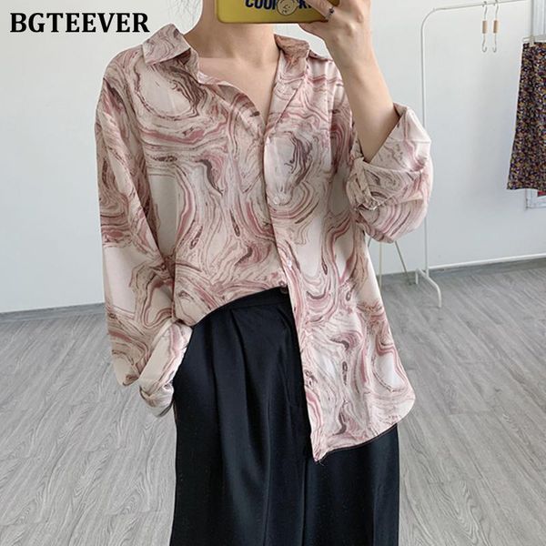 

women's blouses & shirts bgteever 2021 summer print women turn-down collar chiffion single-breasted long sleeve loose female, White