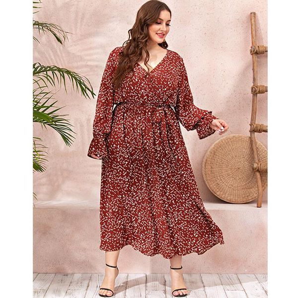 

casual dresses cocoepps lady autumn large size long floral dress women loose sleeve print 4xl plus v neck maxi party vestidos, Black;gray