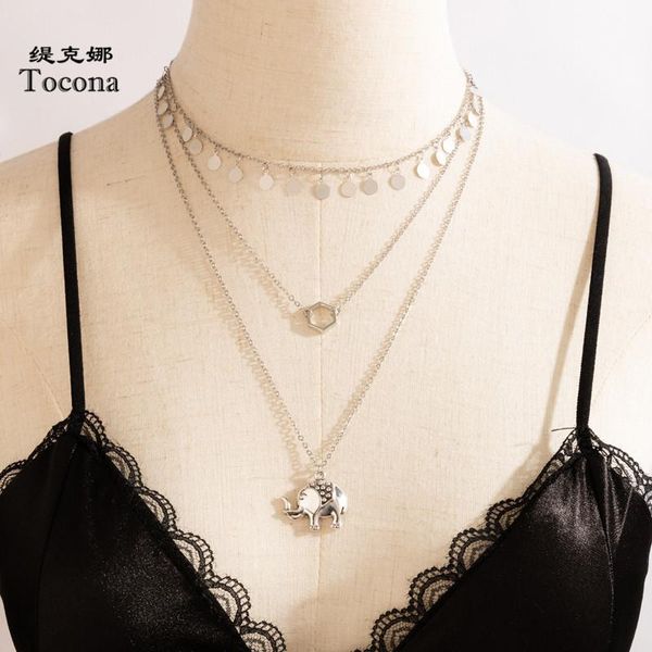 

tocona bohemian elephant pendant necklace for women silver color alloy metal geoemtric water tassel chain choker jewelry 17593 necklaces