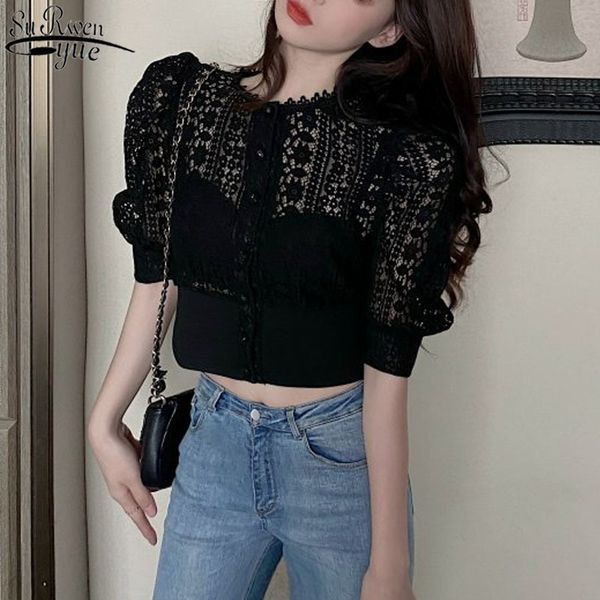 

lace hollow out white shirt women summer puff sleeve korean blouses woman fashion solid button shirts 13607 210427