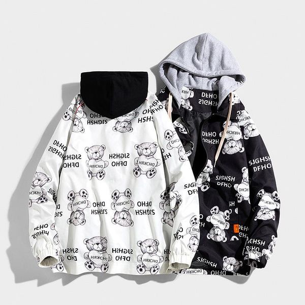 

men's jackets hooded jacket men's autumn fake two-piece bear print, Black;brown