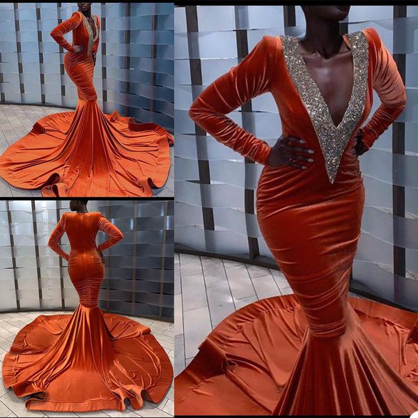 

deep v neck mermaid evening dress long sleeves crystals formal prom gowns zipper back party dresses, Black;red