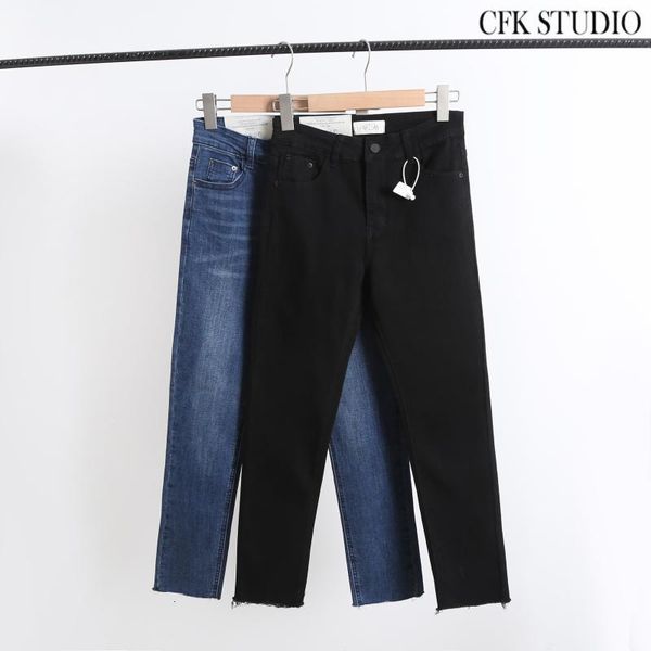 

women's skinny new street fashion with high waist solid vintage loose jeans navy blue long denim pants for women