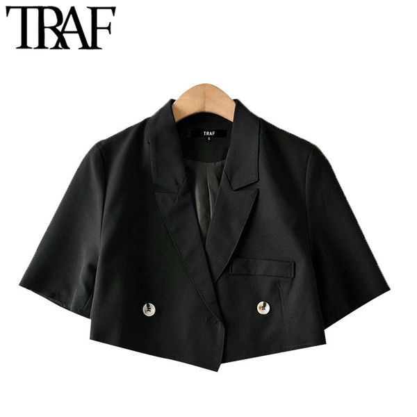 

traf women fashion double breasted extra short blazers coat vintage notched short sleeve female outerwear chic 210415, Black;brown