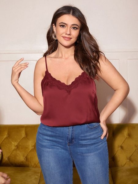 

plus lace trim cami 62zl#, Black