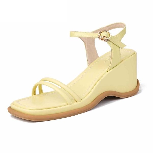 

dress shoes krazing pot korean girls summer genuine leather square toe metal wedges solid modern daily wear buckle straps sandals women l81, Black
