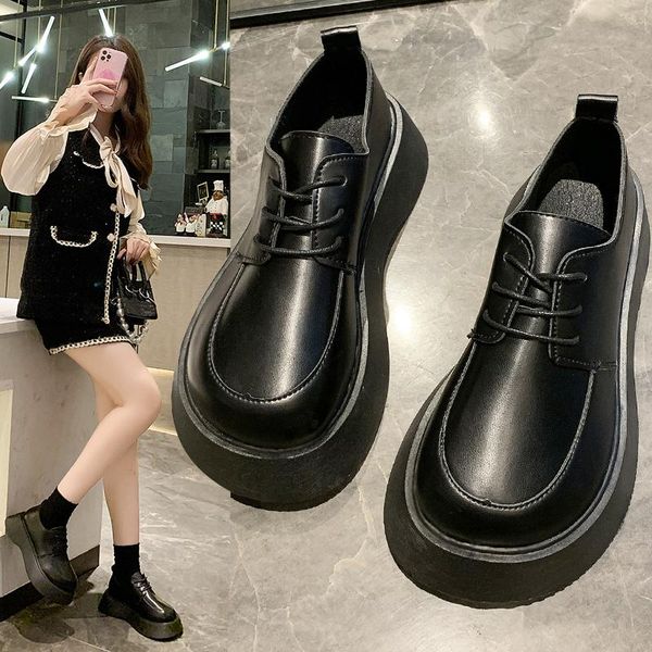 

dress shoes boussac round toe platform oxford for women chunky heel british style high pumps lace up mary janes, Black