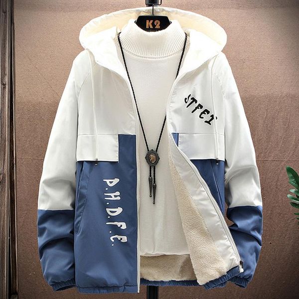 

men's down & parkas 2021 autumn winter patchwork parka men plus velvet warm jacket hooded waterproof overcoat thick windbreaker size 4x, Black