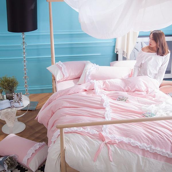 

bedding sets 4pcs 100% washed cotton lace set duvet cover flat sheet bedsheet bedspread pillowcase