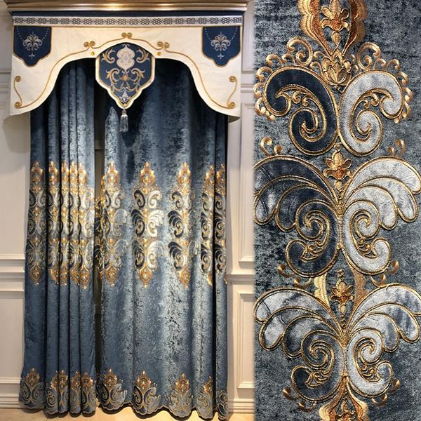 

bedroom shade curtain european villa living room bay window blue thick chenille embroidered screen curtains & drapes