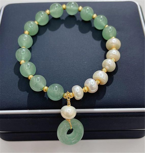 

beaded, strands habitoo fashion 9-10mm white natural baroque freshwater pearl gold bead bracelet green jade pendant elasticity bangle jewelr, Black