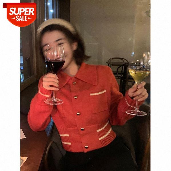 

[christmas fragrance academy] little golden ball single-breasted new year atmosphere sweater, short contrasting color red knitted card #xe4w, White