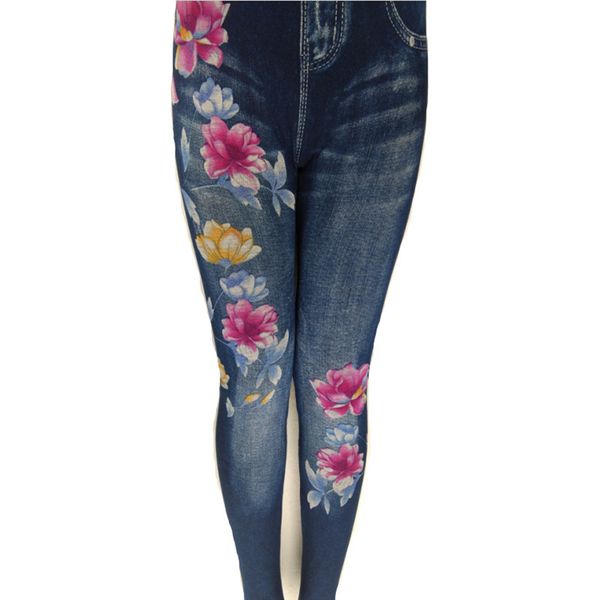 

leggings fashion big flower cotton imitation jeans women's slim elastic thin bottoming pants k274, Black