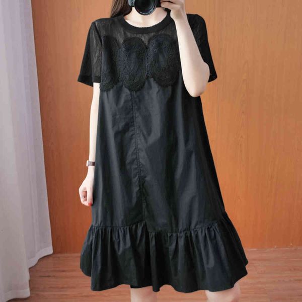 

casual dresses summer dress japanese style solid color round neck lace splicing perspective simplicity women's clothing hg5l, Black;gray