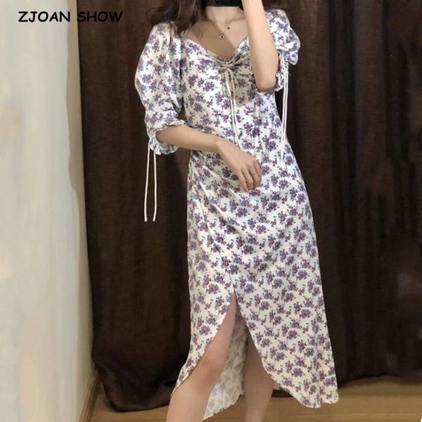 

casual dresses vintage floral print hem slit women french style ladies pleated sleeve ruched slim waist irregular midi long 5xb3, Black;gray
