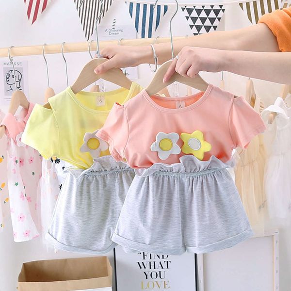 

girls' short sleeve suit summer children's leisure half shorts girl's two piece with korean style, White