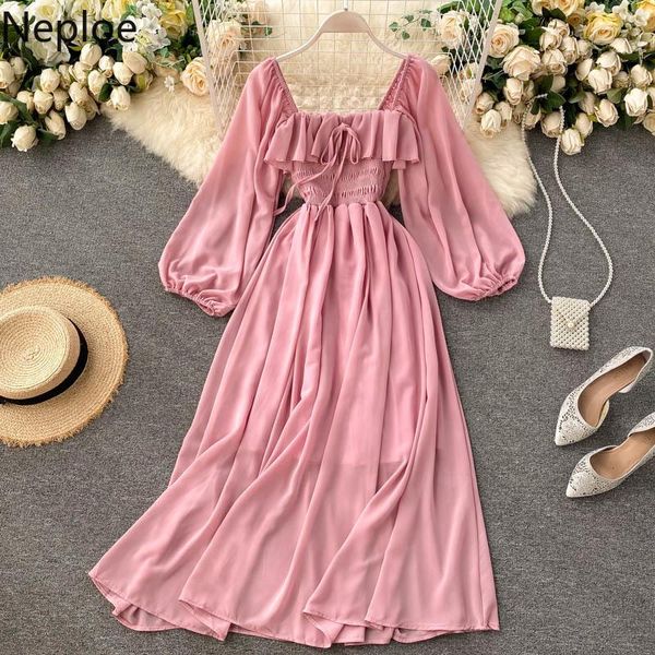 

neploe women chiffon dress bow tie square collar korean high waist a-line dresses 2021 3/4 puff sleeve midi vestidos casual, Black;gray