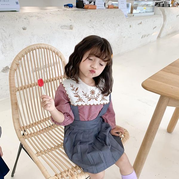 

shirts baby girls floral embroidery long sleeve blouses cotton kids big turn-down collar plaid girl casual clothes, White;black